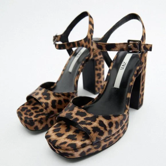 NEW ZARA LEOPARD PRINT HIGH HEELED PLATFORM SANDALS SHOES WOMENS SIZE 7.5 - Picture 1 of 5